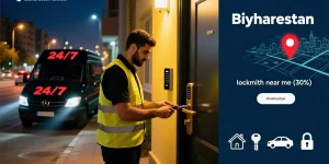 تصویر قفل‌ساز سیار در بهارستان اصفهان در حال باز کردن درب آپارتمان کنار ون ۲۴ ساعته و پین موقعیت روی نقشه، مناسب صفحه کلید سازی بهارستان.