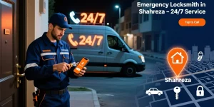 قفل‌ساز سیار در شهرضا در حال باز کردن درب خانه در شب، همراه ون خدماتی با نوشته ۲۴/۷، پین «Shahreza» روی نقشه و موبایل با دکمه تماس فوری.